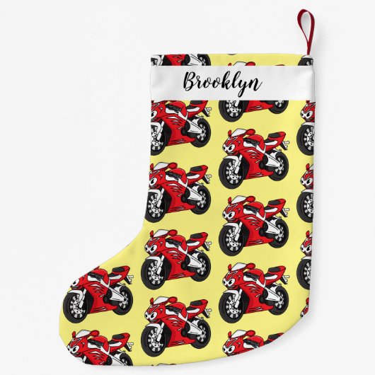 かわいい赤スポーツバイクの漫画 スモールクリスマスストッキング (裏面)