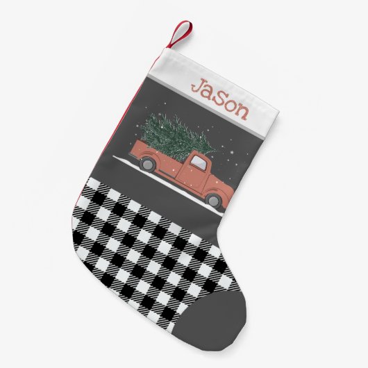 かわいい赤トラック水牛のプレイド白黒モノグラム スモールクリスマスストッキング (正面 (吊り時))