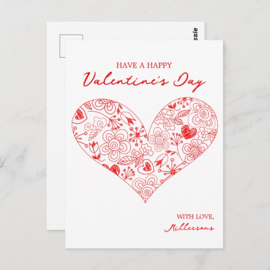 かわいい赤バレンタインデーフローラハート姓 ポストカード (正面/裏面)
