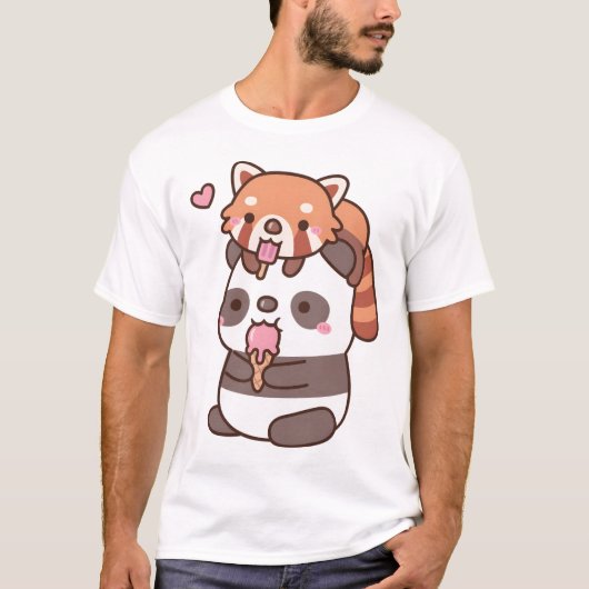 かわいい赤パンダとパンダ食べの夏のアイスクリーム Tシャツ (正面)