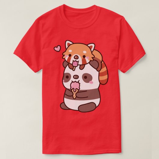 かわいい赤パンダとパンダ食べの夏のアイスクリーム Tシャツ (デザイン正面)