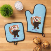 かわいい赤パンダ漫画イラストレーション 鍋つかみ&鍋敷きセット (トップダウン)