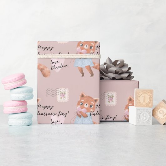 かわいい赤パンダ郵便バレンタインデー ラッピングペーパー (ベビーシャワー)