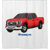 かわいい赤ピックアップトラックの漫画イラストレーション シャワーカーテン (正面)