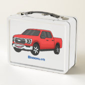 かわいい赤ピックアップトラックの漫画イラストレーション メタルランチボックス (裏面)