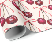 かわいい赤ピンクのチェリーの弓模様 ラッピングペーパー (ロールコーナー)