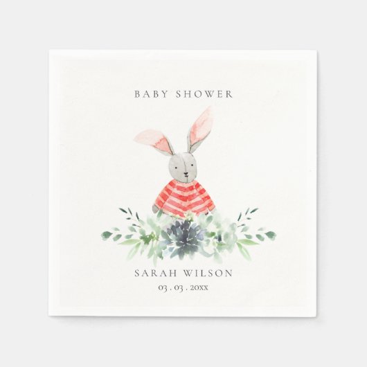 かわいい赤ピンクのバニーガーデンの葉ベビーシャワー スタンダードカクテルナプキン (正面)