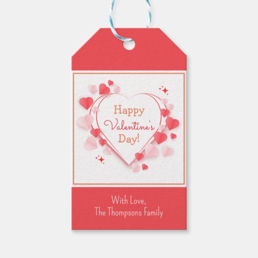 かわいい赤ピンクハートハッピーバレンタインデー名 ギフトタグ (正面)