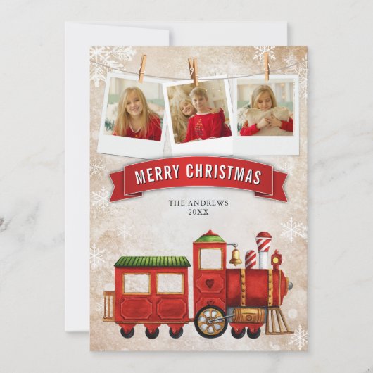 かわいい赤フェスティバル列車の機関車フォトクリスマス シーズンカード (正面)