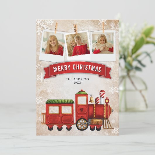 かわいい赤フェスティバル列車の機関車フォトクリスマス シーズンカード (スタンド正面)