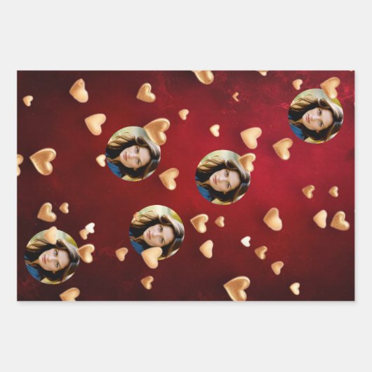 かわいい赤フローラ&ピンクハートバレンタインデー ラッピングペーパーシート (正面)