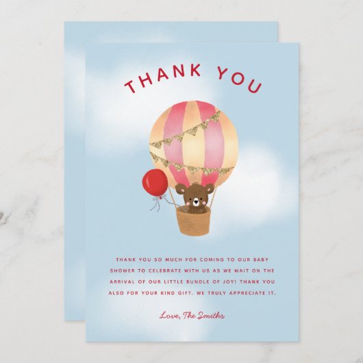 かわいい赤ホットエアバルーン赤ちゃんシャワー サンキューカード (正面/裏面)