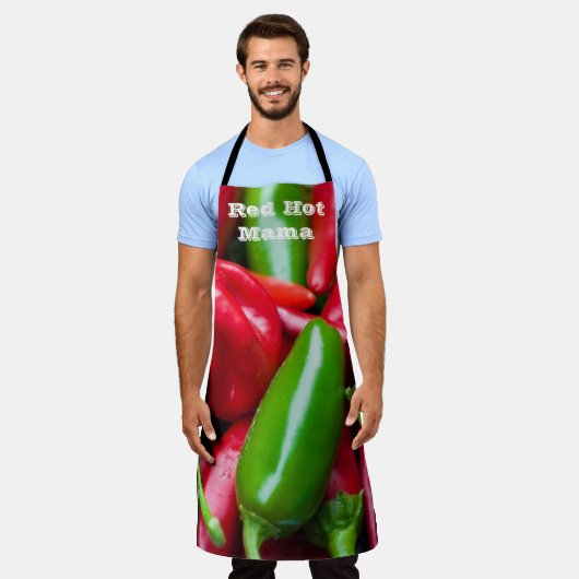 かわいい赤ホットママとピーマン大人エプロン エプロン (着用した状態)