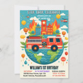 かわいい赤ホット火災トラックエンジンセーフティ1日 招待状 (正面)