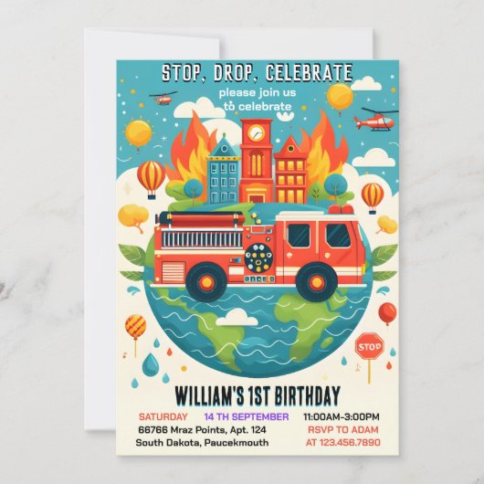 かわいい赤ホット火災トラックエンジンセーフティ1日 招待状 (正面)