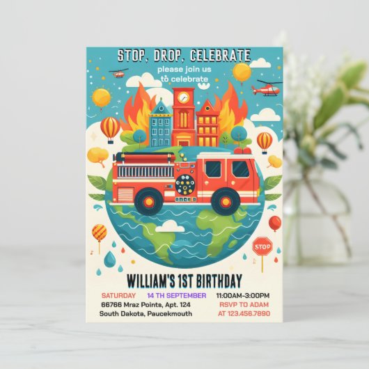 かわいい赤ホット火災トラックエンジンセーフティ1日 招待状 (スタンド正面)