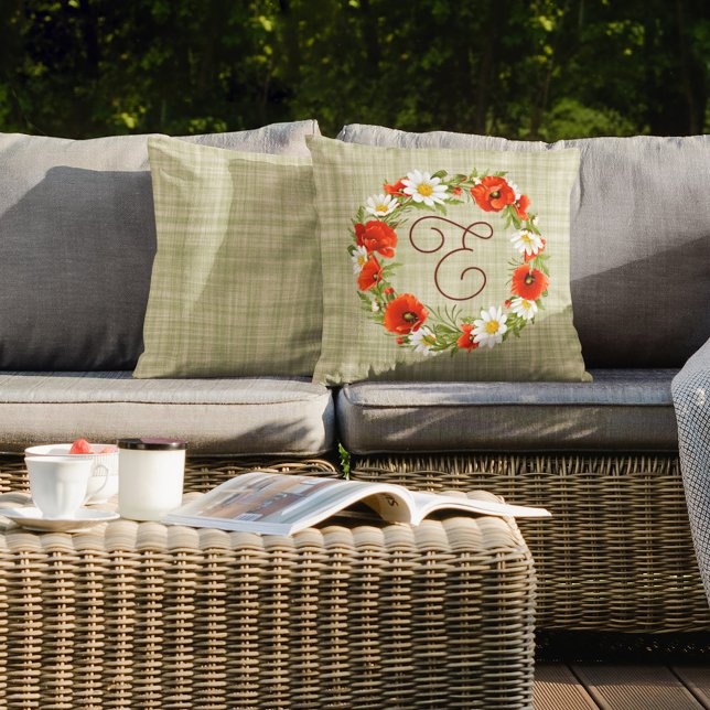 かわいい赤ポピー白い黄色のデイジー花リース アウトドアクッション (クリエイターアップロード済み)