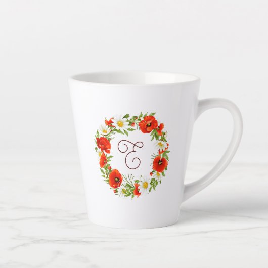 かわいい赤ポピー白い黄色のデイジー花リース カフェラテマグ (右)