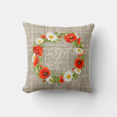かわいい赤ポピー白い黄色のデイジー花リース クッション (正面)
