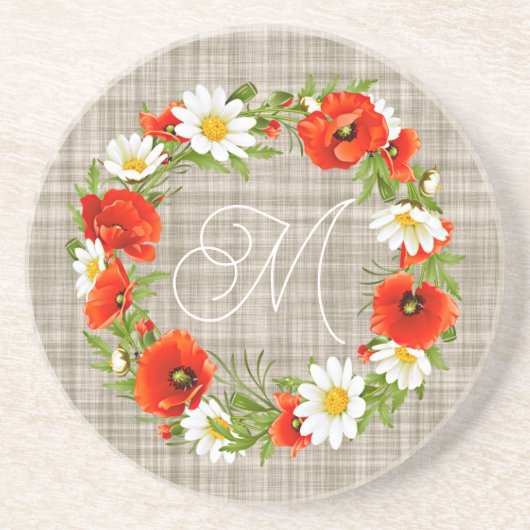 かわいい赤ポピー白い黄色のデイジー花リース コースター (正面)