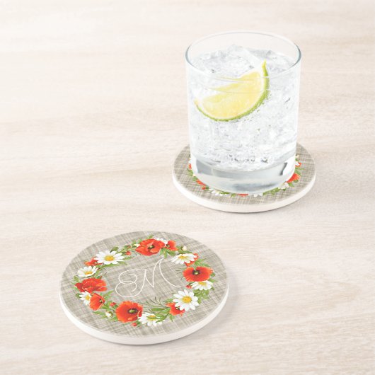 かわいい赤ポピー白い黄色のデイジー花リース コースター (側面)