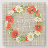 かわいい赤ポピー白い黄色のデイジー花リース ストーンコースター (正面)