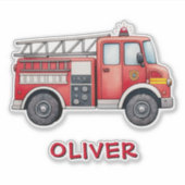 かわいい赤マンガの消防車 シール (正面)