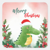 かわいい赤メリークリスマスのアリゲーターサンタクリスマスパート スクエアシール (正面)