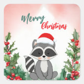 かわいい赤メリークリスマスラクーンサンタクリスマスパーティー スクエアシール (正面)