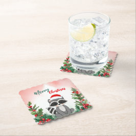 かわいい赤メリークリスマスラクーンサンタクリスマスパーティー ペーパーコースター