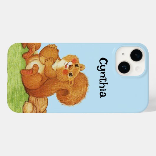 かわいい赤リスの木の実の草の青 Case-Mate iPhoneケース (裏面 (横))