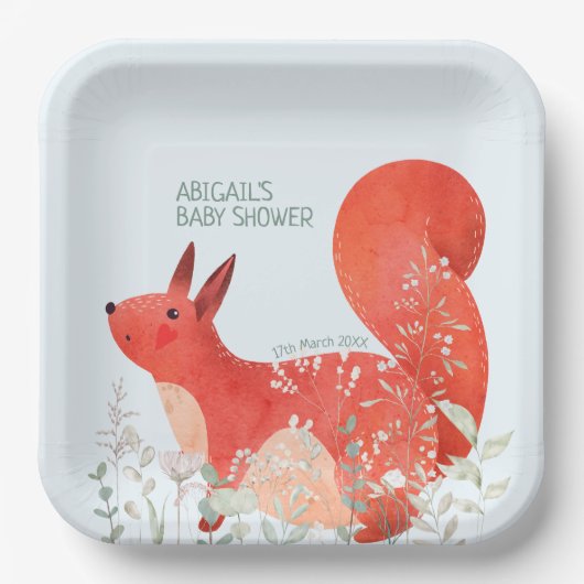 かわいい赤リス野草の男の子の赤ちゃんシャワー ペーパープレート (正面)