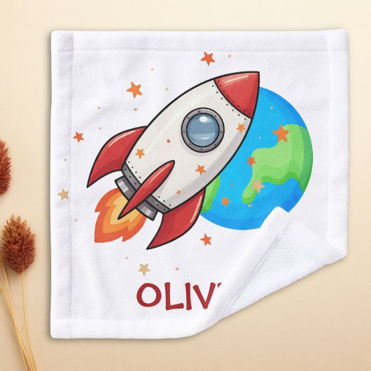 かわいい赤ロケット宇宙 ウォッシュタオル