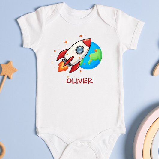 かわいい赤ロケット宇宙 ベビーボディスーツ