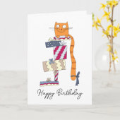 かわいい赤毛がプレゼントの山に座っています。 カード (黄色い花)