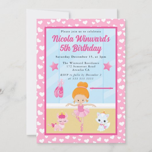 かわいい赤毛のバレリーナの子供の誕生日 招待状 (正面)
