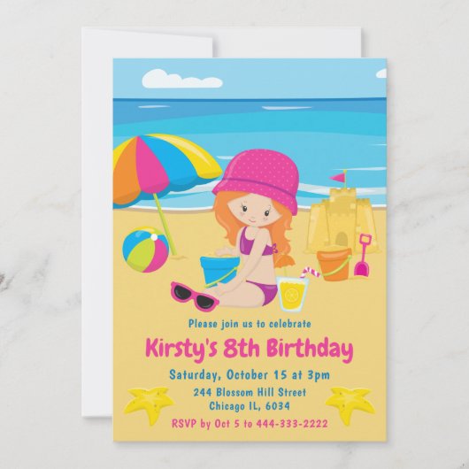 かわいい赤毛の少女の夏のビーチの誕生日パーティー 招待状 (正面)
