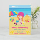 かわいい赤毛の少女の夏のビーチの誕生日パーティー 招待状 (スタンド正面)
