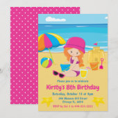かわいい赤毛の少女の夏のビーチの誕生日パーティー 招待状 (正面/裏面)