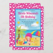 かわいい赤毛の少女ビーチ子供の誕生日 招待状 (正面/裏面)