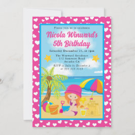 かわいい赤毛の少女ビーチ子供の誕生日 招待状