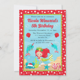 かわいい赤毛クリスマスマーメイド子供の誕生日 招待状