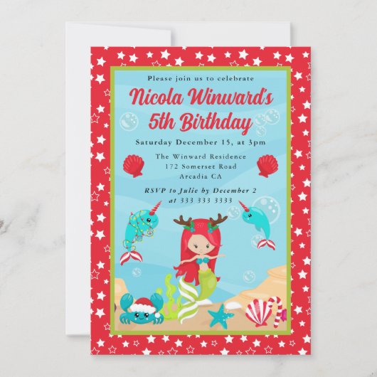 かわいい赤毛クリスマスマーメイド子供の誕生日 招待状 (正面)