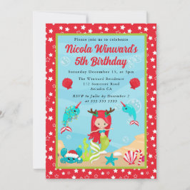 かわいい赤毛クリスマスマーメイド子供の誕生日 招待状