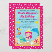 かわいい赤毛マーメイド子供の誕生日 招待状 (正面/裏面)