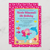 かわいい赤毛マーメイド子供の誕生日 招待状 (正面/裏面)