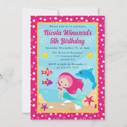 かわいい赤毛マーメイド子供の誕生日 招待状 (正面)