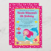 かわいい赤毛マーメイド子供の誕生日 招待状 (正面/裏面)