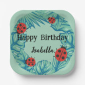 かわいい赤水玉模様ラディバグジャングル離れ誕生日 ペーパープレート (正面)