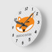 かわいい赤狐と灰色の水玉模様子供部屋の壁掛け時計 ラウンド壁時計 (傾斜)